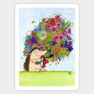 Hedgehog holding a Bouquet of flowers Sticker